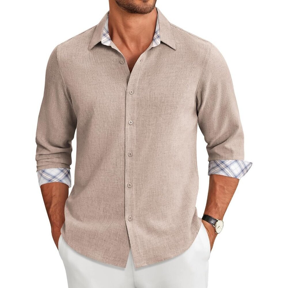 Coofandy Men Khaki Long Sleeve Button Down Untucked Regular Fit Dress Shirt